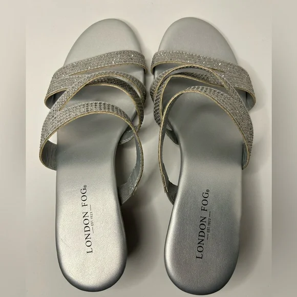 London Fog Rhinestone Silver Strappy Open Toe Slip On Kitten Heel Size 6.5 NWOB - Picture 9 of 9